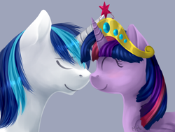 Size: 1148x866 | Tagged: safe, artist:ghst-qn, imported from derpibooru, shining armor, twilight sparkle, alicorn, pony, boop, brother and sister, element of magic, elements of harmony, eyes closed, jewelry, noseboop, nuzzling, regalia, smiling, twilight sparkle (alicorn)