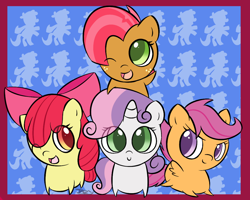 Size: 1016x814 | Tagged: safe, artist:pokumii, imported from derpibooru, apple bloom, babs seed, scootaloo, sweetie belle, earth pony, pegasus, pony, unicorn, chibi, cute, cutie mark crusaders, female, filly