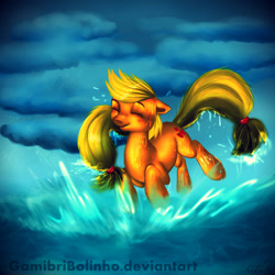 Size: 1000x1000 | Tagged: safe, artist:gamibrii, artist:php154, artist:trojan-pony, imported from derpibooru, applejack, pony, cloud, eyes closed, female, running, solo, water, wet