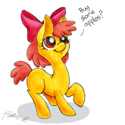 Size: 900x900 | Tagged: safe, artist:random-gal, imported from derpibooru, apple bloom, earth pony, pony, buy some apples, female, long neck, solo