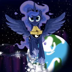 Size: 2700x2700 | Tagged: safe, artist:imgummy, imported from derpibooru, princess luna, pony, cartographer's cap, female, hat, mouth hold, paper, planet, solo, space