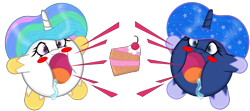 Size: 4432x1976 | Tagged: safe, artist:cuddlelamb, imported from derpibooru, princess celestia, princess luna, blush sticker, blushing, cake, food, kirby, kirby (character), kirby (series), kirby celestia, kirby luna, kirbyfied, puffball, simple background, species swap, transparent background