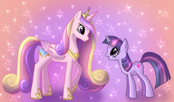 Size: 1496x876 | Tagged: safe, artist:angelofhapiness, imported from derpibooru, princess cadance, twilight sparkle, pony, duo