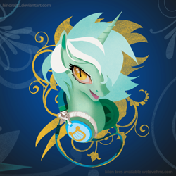 Size: 1299x1299 | Tagged: safe, artist:hinoraito, imported from derpibooru, lyra heartstrings, pony, unicorn, bust, eyelashes, female, headphones, open mouth, slit eyes, slit pupils, solo