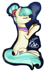 Size: 2299x3562 | Tagged: safe, artist:puffysmosh, imported from derpibooru, coco pommel, alternate hairstyle, coffee, eyes closed, female, sitting, solo, tongue out