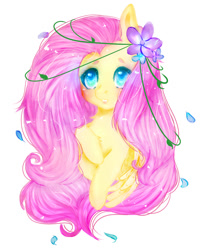 Size: 1400x1700 | Tagged: safe, artist:bossmeow, imported from derpibooru, fluttershy, blushing, female, flower, flower in hair, huge mane, simple background, solo