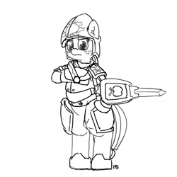 Size: 1280x1278 | Tagged: safe, artist:pabbley, imported from derpibooru, applejack, pony, 30 minute art challenge, armor, bipedal, female, monochrome, solo