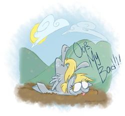 Size: 1007x940 | Tagged: safe, artist:php84, deleted from derpibooru, imported from derpibooru, derpy hooves, pegasus, pony, backbend, cloud, crash, dirt, female, mare, silly, solo, sun, tongue out