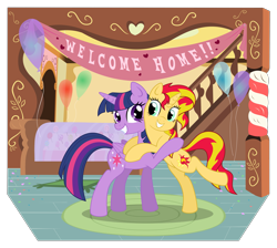 Size: 3891x3479 | Tagged: safe, artist:deadliestvenom, imported from derpibooru, sunset shimmer, twilight sparkle, pony, unicorn, equestria girls, banner, hug, twilight sparkle (alicorn)