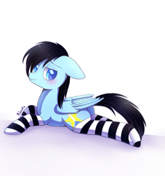 Size: 655x700 | Tagged: safe, artist:riouku, imported from derpibooru, oc, oc only, oc:star blade, pony, butt, clothes, female, mare, plot, socks, solo, striped socks