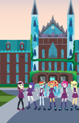 Size: 1455x2262 | Tagged: safe, artist:pizzasister, imported from derpibooru, applejack, fluttershy, pinkie pie, rainbow dash, rarity, sunset shimmer, equestria girls, friendship games, alternate universe, clothes, crystal prep, crystal prep academy, crystal prep academy uniform, school uniform