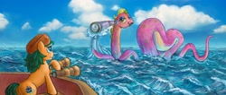 Size: 3152x1340 | Tagged: safe, artist:arimovergremrider, imported from derpibooru, oc, oc only, earth pony, pony, sea serpent, binoculars, duo, female, flirting, ocean, pirate, sea monster, telescope