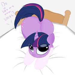 Size: 2000x2000 | Tagged: safe, artist:chapaevv, imported from derpibooru, twilight sparkle, both cutie marks, butt, clothes, female, offscreen character, plot, socks, solo