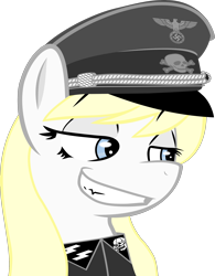 Size: 2000x2564 | Tagged: safe, artist:reiduran, edit, imported from derpibooru, oc, oc only, oc:aryanne, donkey, earth pony, pony, aryan pony, clothes, eyebrows, hat, nazi, rare donkey, reaction image, reichsadler, schutzstaffel, shirt, simple background, smiling, smug, solo, swastika, totenkopf, transparent background, uniform, vector, wiggle