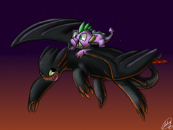 Size: 1200x900 | Tagged: safe, artist:xxmarkingxx, imported from derpibooru, spike, dragon, night fury, crossover, dragons riding dragons, dreamworks, duo, flying, how to train your dragon, male, riding, toothless the dragon, twilight (astronomy)