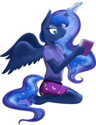 Size: 3000x3878 | Tagged: dead source, safe, artist:theshadowstone, imported from derpibooru, princess luna, alicorn, anthro, unguligrade anthro, book, clothes, cyan eyes, ethereal mane, ethereal tail, female, glowing, glowing horn, highlights, holding, horn, kneeling, long horn, magic, mare, midriff, missing accessory, pajamas, pants, print, reading, shading, shirt, shorts, simple background, slippers, solo, spread wings, starry mane, starry tail, t-shirt, tail, transparent background, turquoise eyes, vector, wings