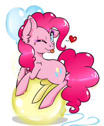 Size: 900x1080 | Tagged: safe, artist:amberony, imported from derpibooru, pinkie pie, earth pony, ;p, balloon, balloon riding, balloon sitting, cute, diapinkes, ear fluff, female, floating heart, floppy ears, heart, looking at you, makeup, mare, one eye closed, solo, that pony sure does love balloons, tongue out, wingding eyes, wink