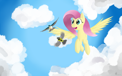 Size: 1600x1000 | Tagged: safe, artist:andelai, imported from derpibooru, fluttershy, bird, cloud, flying, sky