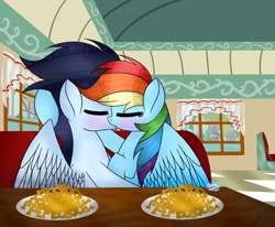 Size: 1024x843 | Tagged: dead source, safe, artist:northlights8, imported from derpibooru, rainbow dash, soarin', pony, blushing, female, food, horseshoe fries, kissing, male, restaurant, shipping, soarindash, straight