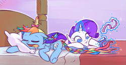 Size: 713x369 | Tagged: safe, artist:raridashdoodles, imported from derpibooru, rainbow dash, rarity, pegasus, pony, unicorn, braided tail, braiding, eyes closed, female, filly, lesbian, open mouth, pigtails, raridash, shipping, this will end in tears, younger