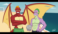 Size: 1600x931 | Tagged: safe, artist:comeththehour, imported from derpibooru, garble, spike, anthro, dragon, abs, adult, adult spike, anthro dragon, bare chest, beach, clothes, male, muscles, older, sexy, swimsuit, topless, volleyball, wings