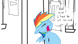 Size: 2480x1417 | Tagged: safe, artist:theponybox696, color edit, edit, imported from derpibooru, rainbow dash, comic:the cutie pee, the cutie map, colored, desperation, engrish, female, need to pee, omorashi, potty dance, potty emergency, potty time, solo, trotting in place