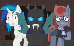 Size: 640x400 | Tagged: safe, artist:herooftime1000, imported from derpibooru, dj pon-3, vinyl scratch, oc, oc:clavus, oc:cryptania, bat pony, changeling, pony, octavia in the underworld's cello, angry, cutscene, determined look, dungeon, fan game, pixel art, scar, scared