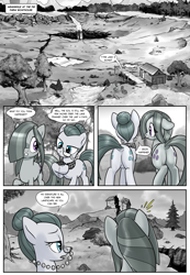 Size: 1331x1920 | Tagged: safe, artist:pencils, imported from derpibooru, cloudy quartz, marble pie, earth pony, pony, comic:anon's pie adventure, butt, comic, dialogue, dock, duo, duo female, female, flank, glasses, marblebutt, mare, monochrome, plot, quartzbutt