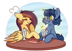 Size: 3279x2332 | Tagged: safe, artist:ruef, imported from derpibooru, oc, oc only, oc:b.b., oc:lessi, blushing, food, french fries, hay, hay fries, milkshake