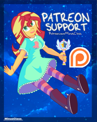 Size: 765x962 | Tagged: safe, artist:minusclass, imported from derpibooru, sunset shimmer, equestria girls, boots, clothes, clothes swap, crossover, cute, disney, dress, female, looking at you, magic wand, open mouth, patreon, patreon logo, smiling, socks, solo, star butterfly, star vs the forces of evil, striped socks