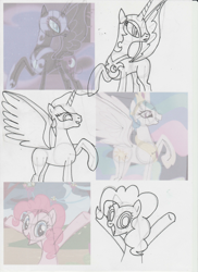 Size: 1702x2339 | Tagged: safe, artist:lazy-turtle, edit, edited screencap, imported from derpibooru, screencap, nightmare moon, pinkie pie, princess celestia, friendship is magic, anatomy, drawing, sketch, sketch dump, study, traditional art