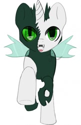 Size: 830x1280 | Tagged: safe, artist:samanthaleona, imported from derpibooru, oc, oc only, oc:tounicoon, changeling, hybrid, pony, unicorn, changeling oc, cute, cuteling, green changeling, running, simple background, smiling, solo, white background, young