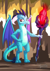 Size: 1169x1655 | Tagged: safe, artist:mysticalpha, imported from derpibooru, princess ember, dragon, gauntlet of fire, bipedal, bloodstone scepter, dragon lord ember, female, queen, solo