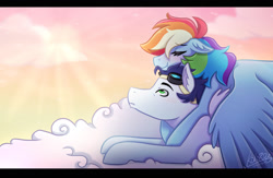 Size: 2000x1300 | Tagged: safe, artist:kikirdcz, imported from derpibooru, rainbow dash, soarin', pony, 30 day otp challenge, cloud, cuddling, female, floppy ears, goggles, male, shipping, signature, sleeping, snuggling, soarindash, straight