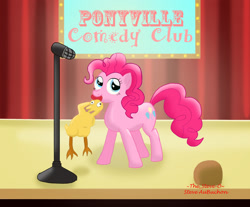 Size: 2483x2053 | Tagged: safe, artist:auburn-ink, artist:thesteveo, imported from derpibooru, pinkie pie, pony, microphone, rubber chicken, solo, stage