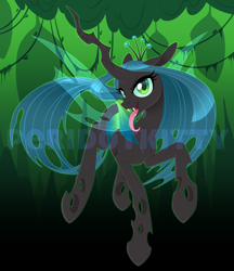 Size: 950x1101 | Tagged: safe, artist:peridotkitty, artist:silkensaddle, imported from derpibooru, queen chrysalis, changeling, changeling queen, cat eyes, cheeselegs, crown, eyelashes, fangs, female, jewelry, looking at you, regalia, solo, tongue out, watermark