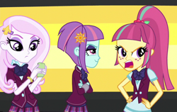 Size: 656x414 | Tagged: safe, imported from derpibooru, fleur-de-lis, sour sweet, sunny flare, equestria girls, friendship games, cropped