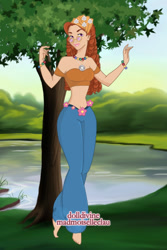 Size: 400x600 | Tagged: safe, artist:madmoiselleclau, artist:tychotma-1, imported from derpibooru, tree hugger, human, barefoot, beautiful, bellbottoms, breasts, dolldivine, feet, female, glasses, hippie, humanized, jewelry, lake, solo, tree