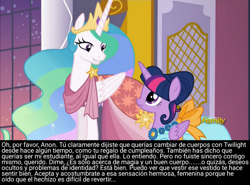 Size: 1143x845 | Tagged: safe, edit, edited screencap, imported from derpibooru, screencap, princess celestia, twilight sparkle, oc, oc:anon, alicorn, pony, make new friends but keep discord, body swap, bronybait, caption, clothes, dress, female, gala dress, mare, meta, rule 63, spanish, text, transformation, transgender transformation, translated in the comments, twilight sparkle (alicorn)