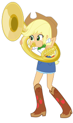 Size: 2600x4404 | Tagged: safe, artist:discorded-joker, imported from derpibooru, applejack, equestria girls, blowing, boots, clothes, cowboy boots, cowboy hat, cowgirl, denim skirt, facing the wrong way, female, hat, musical instrument, playing, playing instrument, shoes, simple background, skirt, solo, sousaphone, stetson, transparent background, tuba, vector