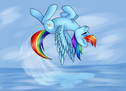 Size: 1024x739 | Tagged: safe, artist:chloeprice228, imported from derpibooru, rainbow dash, cute, eyes closed, female, flying, smiling, solo, somersault, spread wings, upside down, water