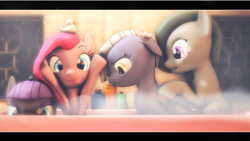 Size: 1920x1080 | Tagged: safe, artist:sourcerabbit, imported from derpibooru, boulder (pet), limestone pie, marble pie, maud pie, pinkie pie, 3d, bath, boulder (g4), cute, cuteamena, pie sisters, pinkamena diane pie, scrunchy face, source filmmaker