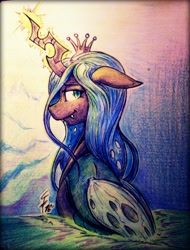 Size: 2700x3546 | Tagged: safe, artist:tamikimaru, imported from derpibooru, queen chrysalis, changeling, changeling queen, crown, female, glowing, glowing horn, horn, jewelry, magic, regalia, smiling, solo, traditional art