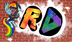 Size: 2000x1178 | Tagged: safe, artist:slamjam, imported from derpibooru, rainbow dash, bandana, brick wall, clothes, graffiti, hoodie, spray can, spray paint, sunglasses