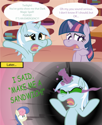 Size: 3336x4104 | Tagged: safe, artist:t-3000, imported from derpibooru, bon bon, lyra heartstrings, sweetie drops, twilight sparkle, pony, the crystal empire, comic, dark magic, magic, sombra eyes, this will end in tears