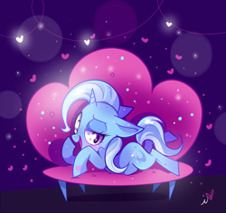 Size: 1024x962 | Tagged: safe, artist:ipun, imported from derpibooru, trixie, pony, unicorn, blushing, chibi, couch, female, heart, heart eyes, mare, open mouth, smiling, solo, wingding eyes