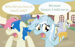 Size: 6632x4193 | Tagged: safe, artist:t-3000, imported from derpibooru, bon bon, derpy hooves, lyra heartstrings, sweetie drops, pegasus, pony, absurd resolution, duo, exploitable meme, female, gak, mare, meme