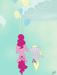 Size: 1500x2000 | Tagged: safe, artist:starfox365, imported from derpibooru, derpy hooves, pinkie pie, pegasus, pony, balloon, featureless crotch, female, hung upside down, mare, then watch her balloons lift her up to the sky, upside down