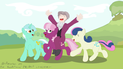 Size: 1280x720 | Tagged: dead source, safe, artist:mrponiator, imported from derpibooru, bon bon, cheerilee, lyra heartstrings, sweetie drops, earth pony, human, pony, unicorn, ace attorney, crossover, humans riding ponies, miles edgeworth, riding, turnabout storm