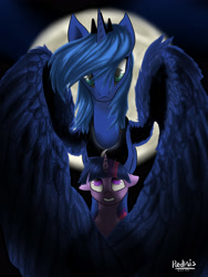 Size: 3000x4000 | Tagged: safe, artist:redvais, artist:redvaisandandre, imported from derpibooru, princess luna, twilight sparkle, floppy ears, gritted teeth, large wings, looking up, moon, s1 luna